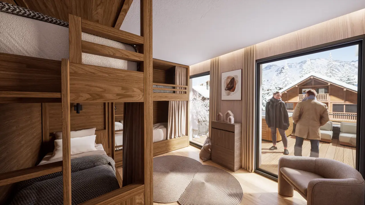 Coin montagne avec lits superposés en bois et baie vitrée