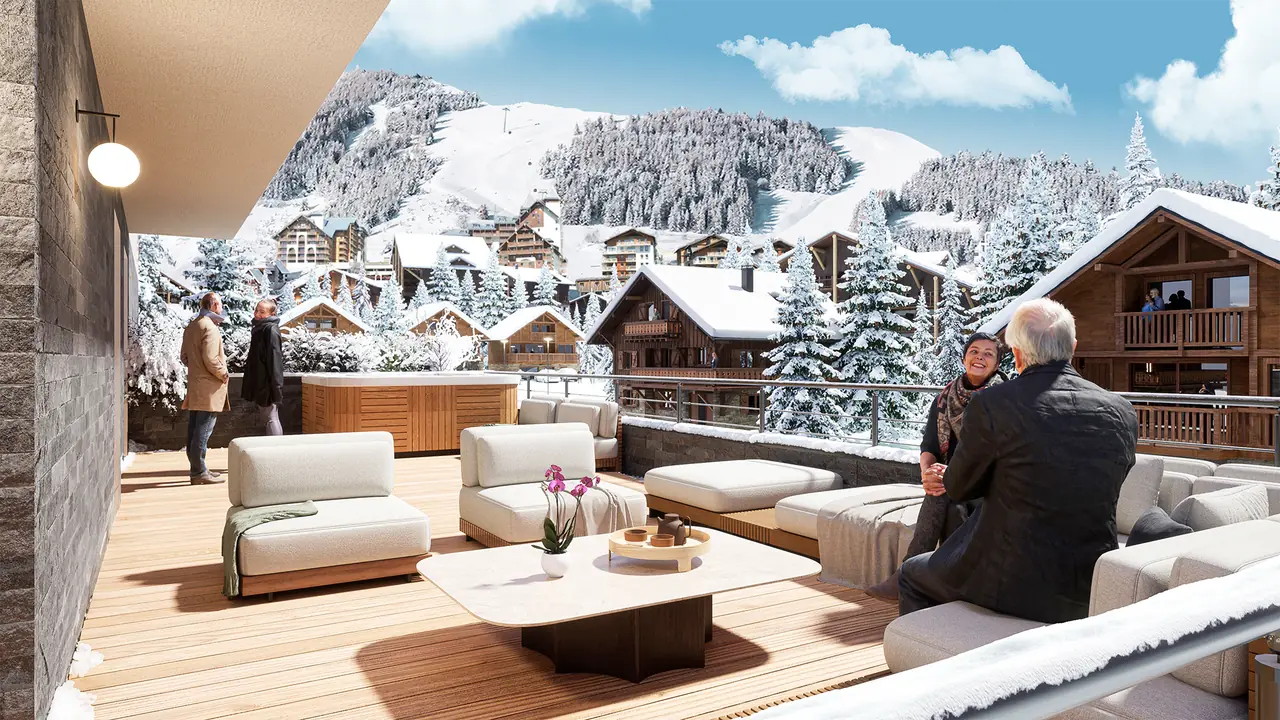 Terrasse du dernier étage avec jacuzzi, face aux pistes enneigées